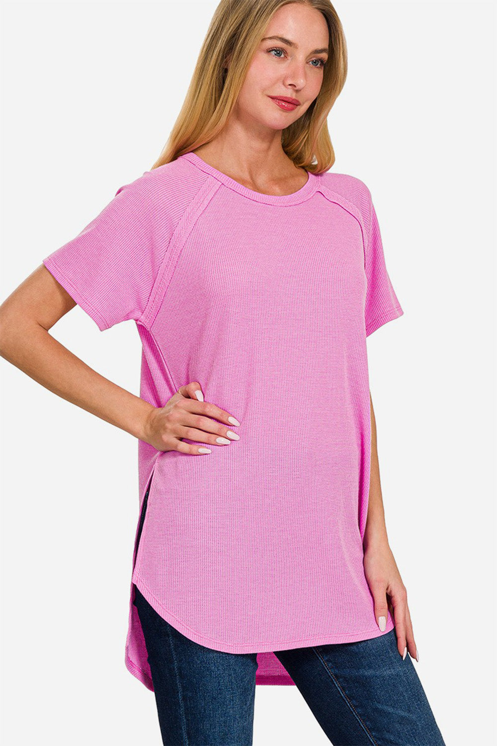 Zenana Slit Round Neck Short Sleeve Waffle Top